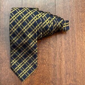 Faconnable Sophisticated Dark Navy and Gold Plaid Woven Tie, 100% Silk, Handmade